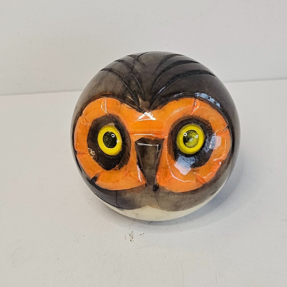 Italian Alabaster Owl Figurine Carved Marble Stone Glass Eye Paperweight MCM